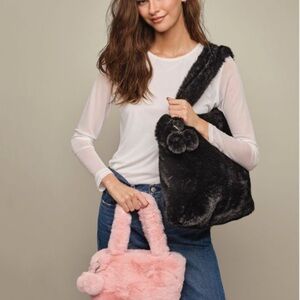 Black and Pink Faux Fur Tote Bag with Pom Pom Charm